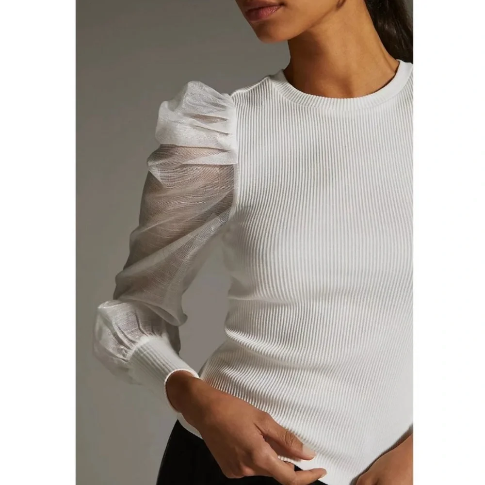 Anthropologie White Sheer Sleeve Top